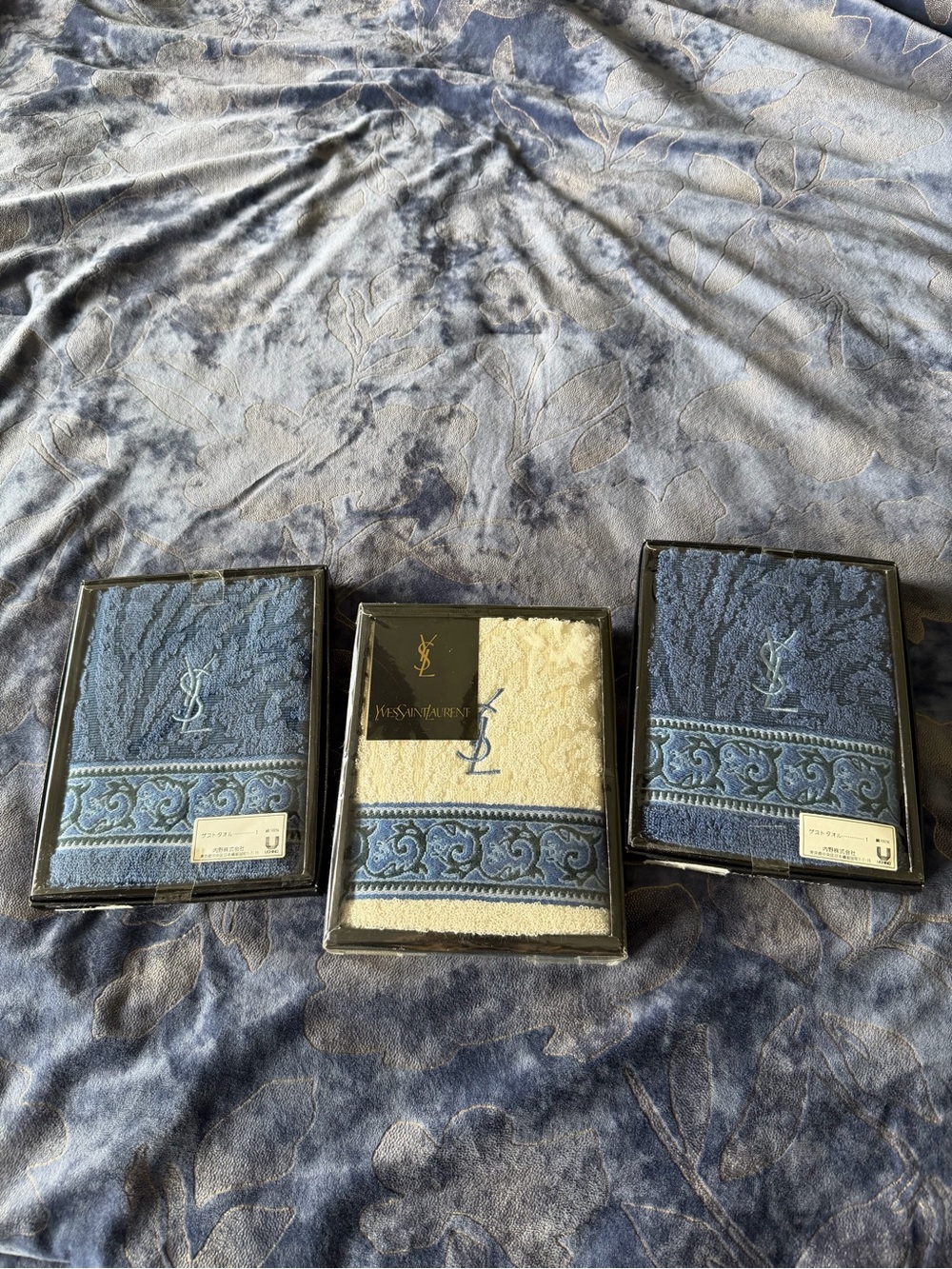 Yves Saint Laurent Blue & Cream Embroidered Logo Hand Towels Set